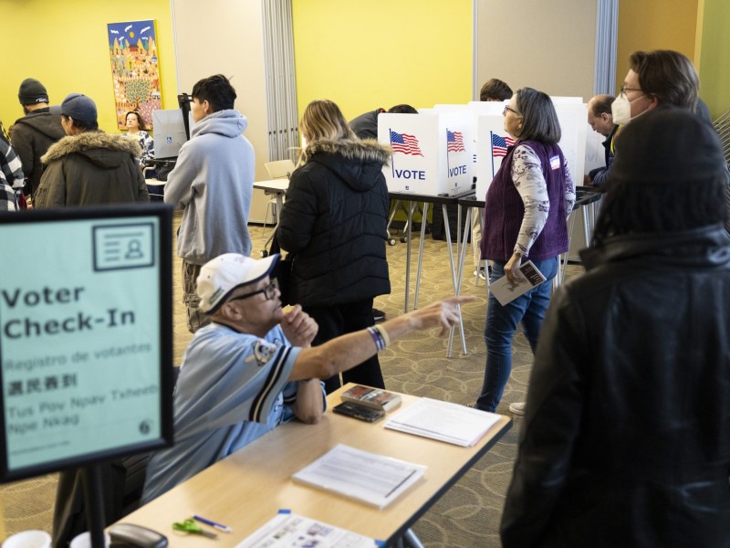A man in a blue sports jersey, baseball cap and glasses, sits at a "voter check in" table and points as a line of voters waits. Voting stations — marked by white dividers labeled "vote" — are in the background.