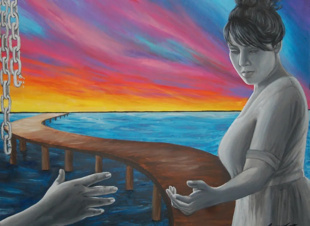 A colorful image shows a long curved pier stretching over blue water toward the horizon at sunset, with vivid pink, purple and orange skies. In the foreground, a person in a dress looks downward with a hand outstretched toward another hand to the left. A broken chain hangs along the left edge of the image.