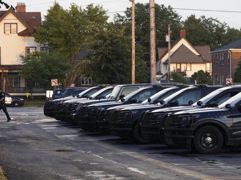Marked police vehicles are parked in a line in a parking lot along a residential street as a person walks to the left.