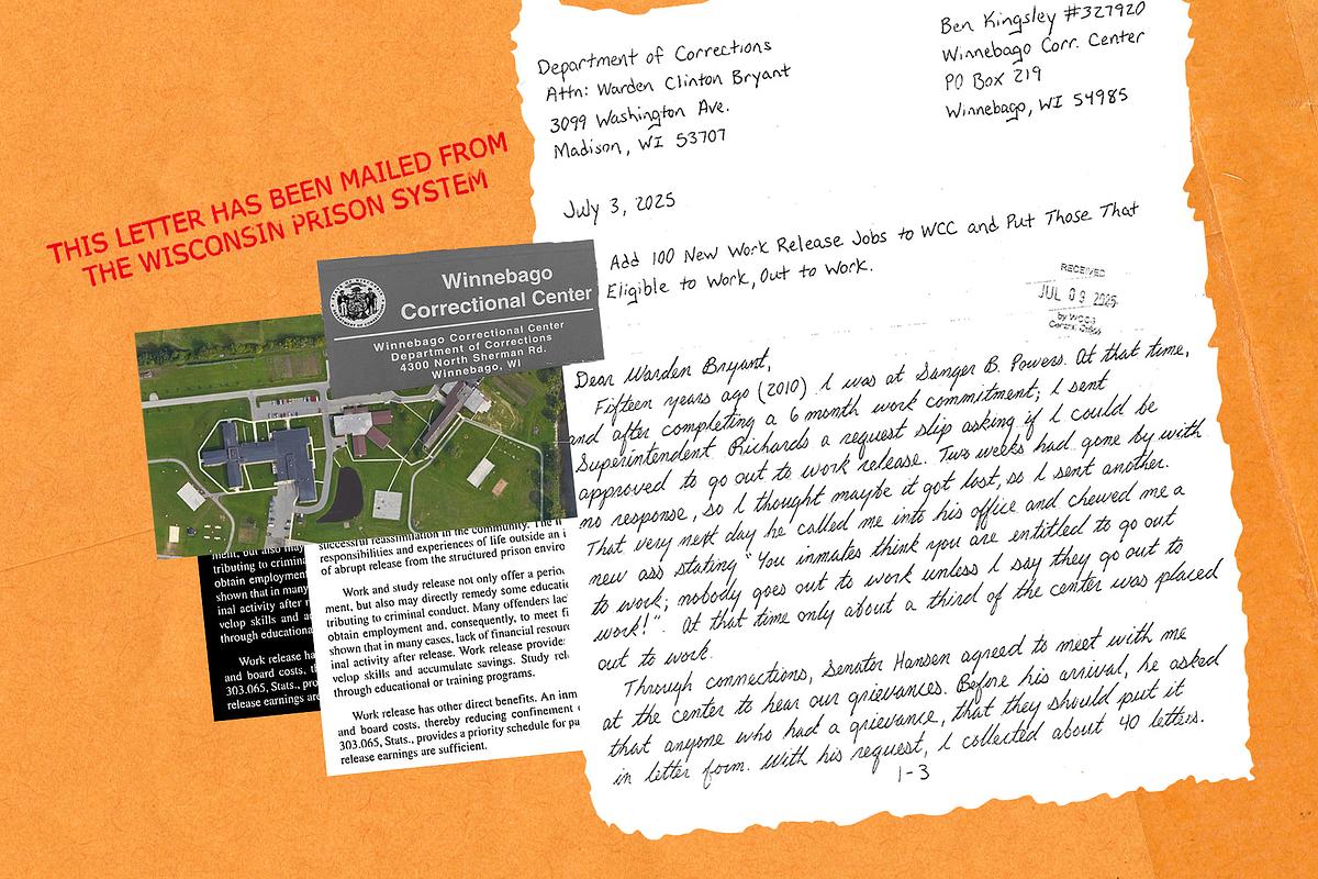 An illustration includes handwritten and printed pages labeled with addresses and dates, an orange background with "THIS LETTER HAS BEEN MAILED FROM THE WISCONSIN PRISON SYSTEM" in red letters, and an aerial image of a facility.