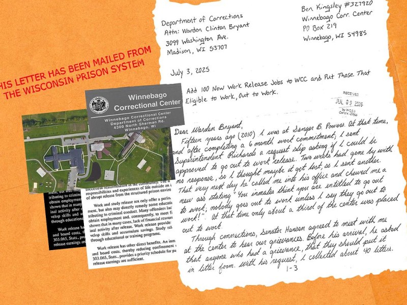 An illustration includes handwritten and printed pages labeled with addresses and dates, an orange background with "THIS LETTER HAS BEEN MAILED FROM THE WISCONSIN PRISON SYSTEM" in red letters, and an aerial image of a facility.