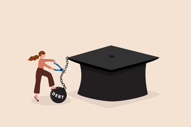 An illustration shows a person using bolt cutters to break a chain linking a ball labeled “DEBT” to an oversized graduation cap on a light background.
