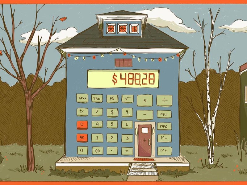 A house illustrated as a large calculator displays “$488.28” above oversized buttons, with a door at the bottom and leafless trees on both sides.