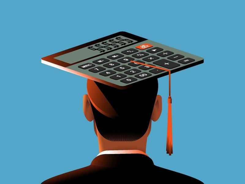 An illustrated person is shown from behind wearing a calculator shaped like a graduation cap, with a tassel hanging to one side against a blue background.