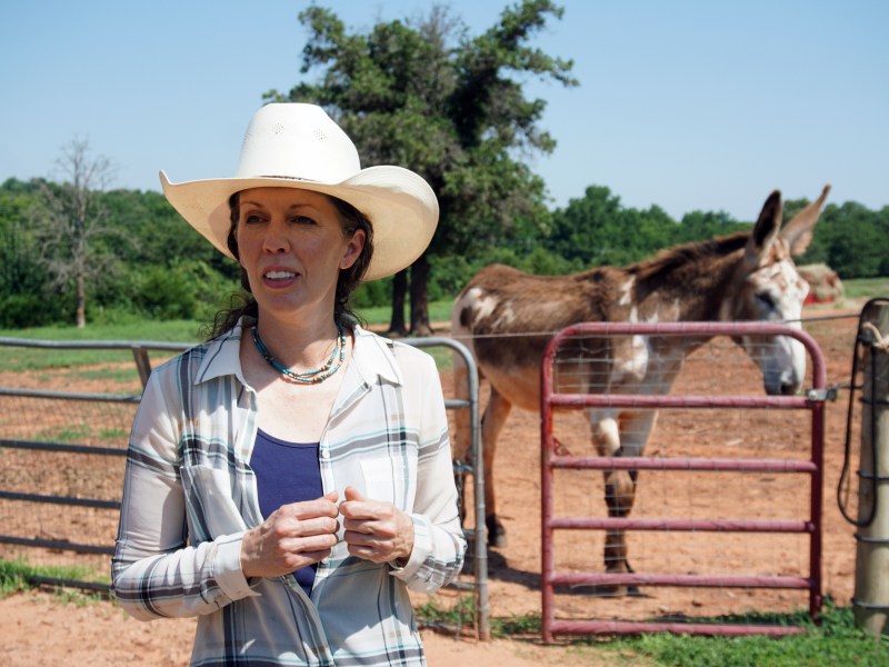 A woman in a cowboy hat stands in front of a gate with a donkey behind it.