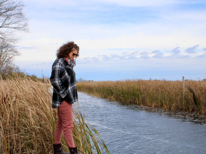 A person stands beside a narrow stream bordered by tall grasses, looking down at the water, with a cloudy sky in the distance.
