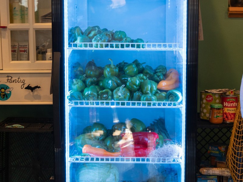 A refrigerator labeled “Community-powered fridge” with a see-through door contains green peppers, cabbage and other vegetables, with pantry items visible on nearby shelves.