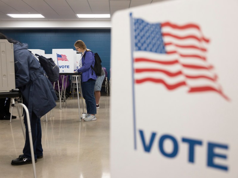 People stand at booths that say "VOTE" and have American flag images.