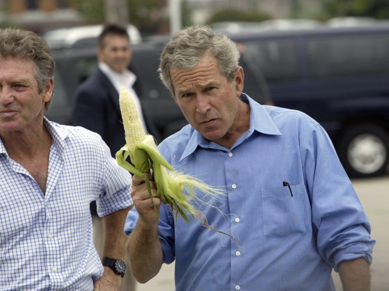 A person in a blue shirt holds a partially husked ear of corn while standing beside another person outdoors with vehicles in the background.