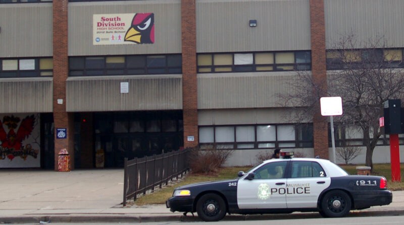 Milwaukee police car outside South Division High School