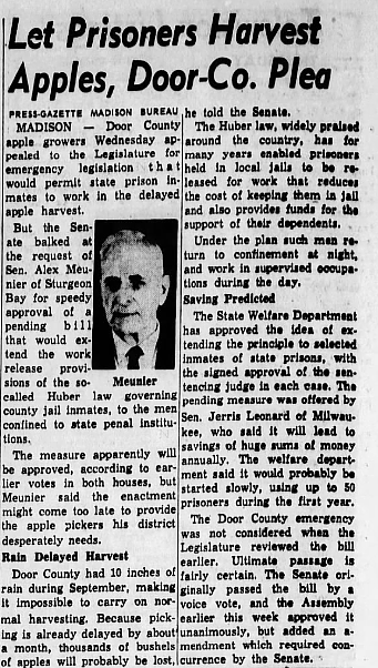 A newspaper clipping shows a headline reading "Let Prisoners Harvest Apples, Door-Co. Plea" with columns of text and a small portrait of a person in the center of the article.