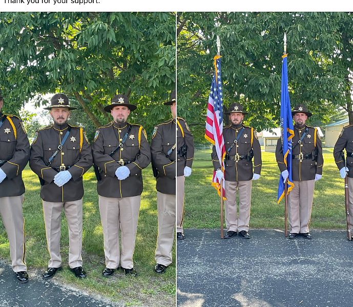 In side-by-side images, uniformed people stand in rows on pavement with trees behind them, some holding flags while others stand with hands clasped and gloves visible.