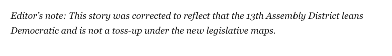Editor’s note: This story was corrected to reflect that the 13th Assembly District leans Democratic and is not a toss-up under the new legislative maps.